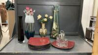 (2) BOXES W/ GLASS & BRASS VASES, RED DINNER PLATES, CONDIMENT HOLDER