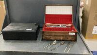WOOD SILVERWARE BOX W/ CUTLERY & PLASTIC VHS HOLDER