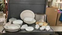BOX W/ LARGE PLATTER, SALAD BOWL, WOOD LAZY SUSAN W/ CHEESE COVER, SERVING DISHES