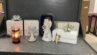 COLLECTION OF PORCEALIN ANGELS, (2) CRYSTAL CANDLE HOLDERS, (3) FAIRY TREE ORNAMENTS, LED GLOBE W/ ANGEL AND TOUCH WAX BURNER