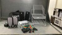 COMPUTER SPEAKERS, LETTER ORGANIZER, AND EXERCISE BANDS