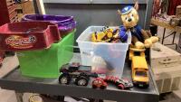 SHELF #11 - LARGE AMOUNT OF TOYS - FIRETRUCK, CAT DOZER, PAW PATROL