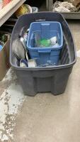 VERY LARGE TOTE W/ MISC KITCHEN ITEMS - MUGS, STORAGE CONTAINERS, UTENSILS,