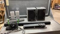 BOX W/ RCA SPEAKERS,ASTRO HEADPHONES, SAMSUNG SOUND BAR