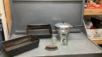 VINTAGE ITEMS - (2) METAL PANS, ASBESTOS SAD IRON, (2) INSULATORS, FOOD WARMER