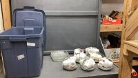 GOOD LIDDED TOTE W/ TEA CUPS & SAUCERS, (2) DIVIDED GLASS SERVING DISHES