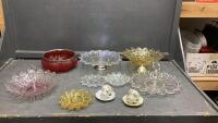 VINTAGE GLASSWARE - IRREDESCENT SERVERS, RED GLASS BOWL W/ SILVER RIM, AMBER PEDESTAL BOWL & (2) SMALL DISHES, (2) TINY TEA CUPS & SAUCERS