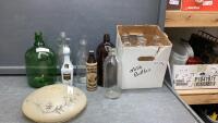 (2) BOXES W/ VINTAGE BOTTLES AND ANTIQUE LIGHT SHADE