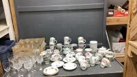 VARIETY OF GLASSWARE - TEA CUPS, MUGS, WINE & CHAMPAGNE GLASSES, SMALL TEAPOTS, MINI SUGAR BOWL