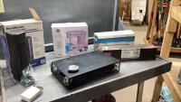 BOX W/SMALL SEWING MACHINE, BAG SEALER, BUTCHER PAPER , COFFEE POD HOLDER, OMNIBREEZE FANS