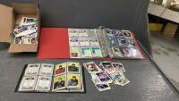 BINDER & SMALL BOX OF BASEBALL TADING CARDS + SMALL ALBUM WITH HOCKEY CARDS