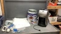 CUISINART COFFEE MAKER W/ BEAN GRINDER - (NO POT) & A "CREAM CAN" TIN WITH PLASTIC CRAFTING