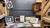 VARIETY OF PICTURES - NEEDLEPOINT, CANVAS, PAINTED SANTA ON WOOD