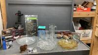 BOX W/ STARFRIT APPLE PEELER, CAR POLISHER, 12V GO CUP, (3) VINTAGE GLASS SERVERS, WATER PITCHER & GLASSES, POTTERY MUGS