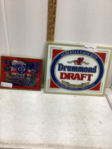 DRUMMOND DRAFT PLASTIC SIGN + BUDWEISER MIRROR