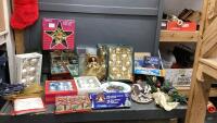 (4) BOXES CHRISTMAS DECOR & (2) PARTYLITE CANDLE HOLDERS