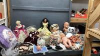 DOLLS W/ CROCHETED OUTFITS, CROCHETED PILLOW W/ DOLL FACE, HOT WATER BOTTLE COVER