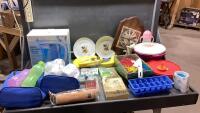 BOX W/ WATER PITCHER, BOOKS, COLLECTIBLE PLATES, FOOD STORAGE,