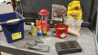 PAIL WITH MESQUITE CHIPS, MOSQUITO SPRAY, LIQUID PARAFIN,