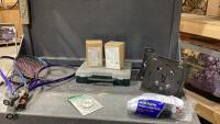 MISC BOX- (3)TENNIS RACQUETS, TV MOUNT, CAULKING GUN