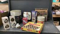 LARGE BOX OF VINTAGE TINS, BOARD GAMES AND (4) HOLIDAY CERAMIC OIL LAMPS