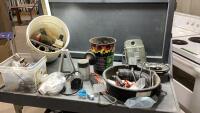(3) ITEMS - TUB , PAIL + BOX W/STEALTH CAM, AIR LINE, SPEAKER, OUTDOOR LIGHT FIXTURE