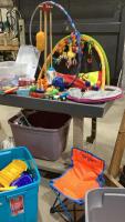 (2) TOTES OF TOYS - FOLDING CHAIR, WOOD TOYS, PUZZLES, RACE TRACK