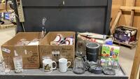 (3) BOXES -TFAL MEAT SLICER, NUTRIBULLET, GLASSWARE, MUGS