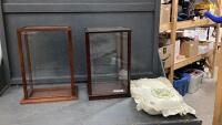 (2) WOOD & GLASS DIPLAY CASES AND (2) SMALL DECOR PILLOWS