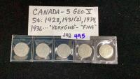 (5) CANADA GEO V. 5 CENT COINS - 1928/31/34/36
