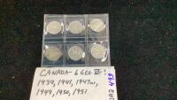 (6) CANADA GEO VI 5 CENT COINS - 1939/41/47/49/50/51