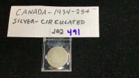 1934 CANADA SILVER 25 CENT COIN