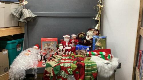 (2) BOXES CHRISTMAS DECOR - ANIMATED MR & MRS CLAUS, SMALL NATIVITY SET, WREATH HOLDERS, STOCKINGS, (4) WICKER BELLS