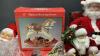 (2) BOXES CHRISTMAS DECOR - ANIMATED MR & MRS CLAUS, SMALL NATIVITY SET, WREATH HOLDERS, STOCKINGS, (4) WICKER BELLS - 3