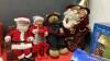 (2) BOXES CHRISTMAS DECOR - ANIMATED MR & MRS CLAUS, SMALL NATIVITY SET, WREATH HOLDERS, STOCKINGS, (4) WICKER BELLS - 7