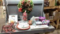 BOX W/VASES, COLLECTOR PLATES, CHRISTMAS WREATH, TINS,