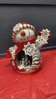 HAND PAINTED CLAY WORKS CHRISTMAS SNOWMAN TEA LIGHT HOLDER