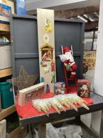 BOX W/ PLASTIC ICICLES, SANTA ON LADDER, TEA LIGHT HOLDER, METAL STAR, SANTA & RENDEER DECOR, PANEL W/ NATIVITY STICKERS