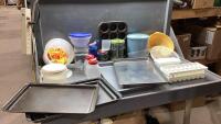 BOX W/BAKING SHEETS, MUFFIN TIN, CANNISTERS, COLANDER,