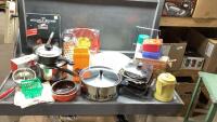 BOX W/POTS, EGG COOKER, PERK COFFEE POT, VEGGIE SLICER, MASHER, APPLE PEELER