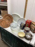 TINS,GLASSWARE,COPPER PLATTER