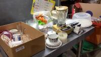 (2)BOXES -WINE GLASSES PHILIPS BLENDER, PLASTIC STORAGE CONTAINERS, SANDWICH TOASTER, SADLER CREAM + SUGAR