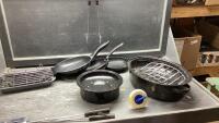 BOX W/ FRYPANS, DUTCH OVEN, BBQ TOOLS, ROASTER