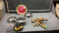 FOOD DISHES, TOYS, LEASH