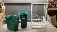 SMALL WHITE METAL SHELF AND 3 GREEN GARBAGE BINS