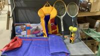 INFLATABLE WATER FLOATY, LIFE JACKET, TENNIS RACKETS + BALLS