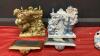 (2) HEAVY RESIN STOCKING HOLDERS W/ CAST BASES AND LIGHTED SNOW VILLAGE - 4