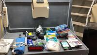 BOX W/SHARK VACUUM, VACUUM BAGS, HEAT PADS, VHS MOVIES, MISC
