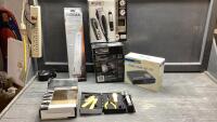 BOX W/CLOCK RADIO,WAHL CLIPPERS, POWER BAR, FLASHLIGHTS,