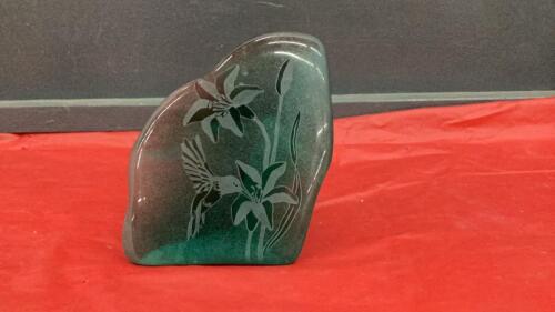 GREEN GLASS DECOR W/ HUMMINGBIRD ENGRAVED ON IT